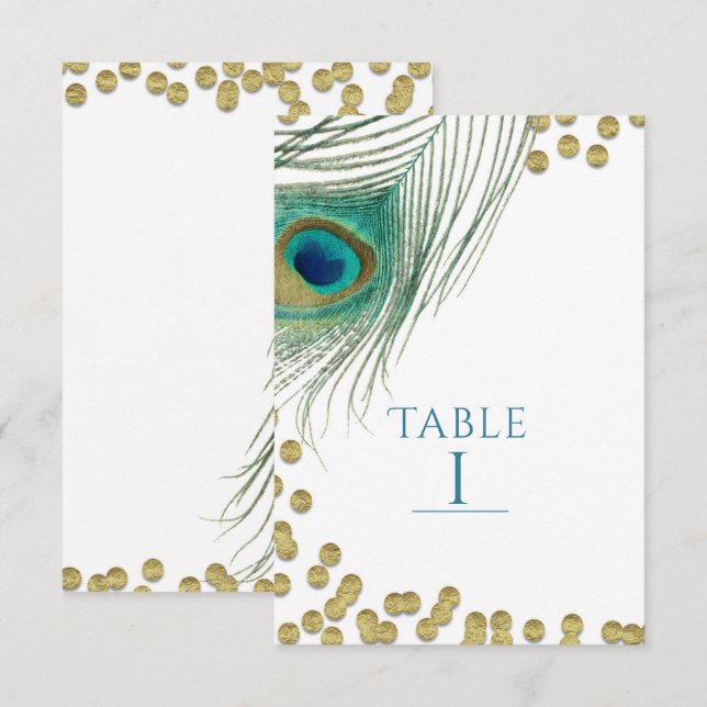 Número de mesa Boho Glam con plumas de pavo real y (Anverso / Reverso)