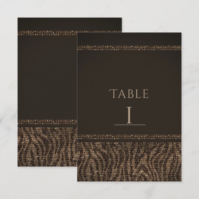 Número de mesa brillo cebra marrón oro glam chic (Anverso / Reverso)