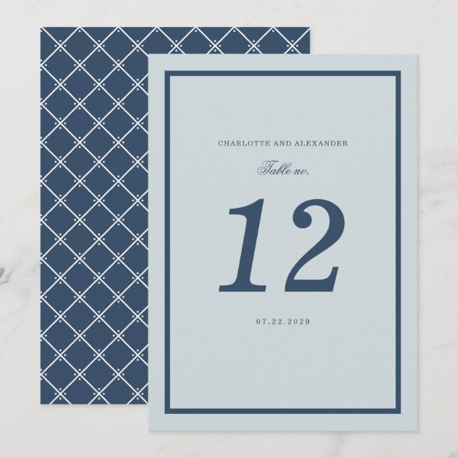 Número de mesa clásico de boda costera en azul pol (Anverso / Reverso)