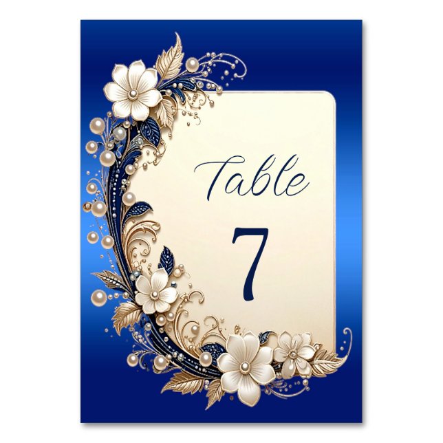 Número de mesa con adorno floral blanco azulado (Anverso)