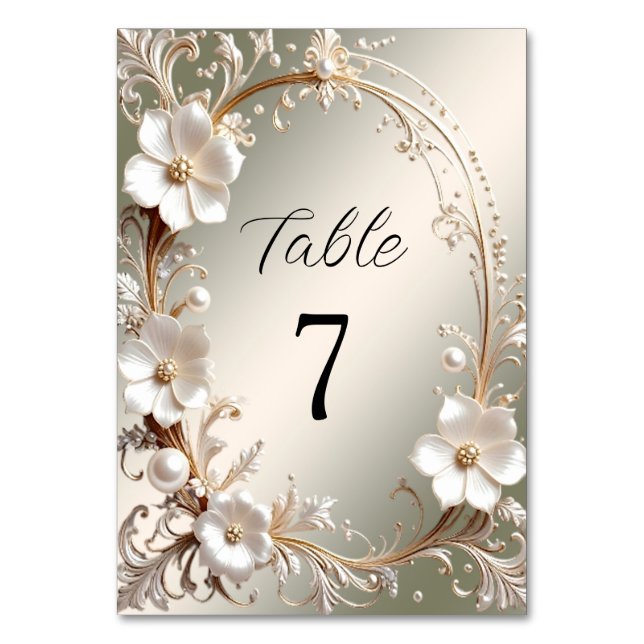 Número de mesa con marco floral blanco ornamentado (Anverso)