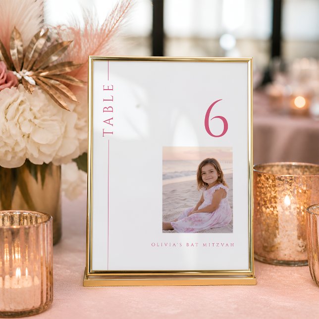 Número de mesa de Bat Mitzvah rosa caliente con fo (Subido por el creador)