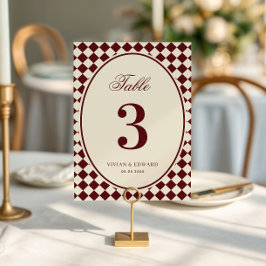 Número de mesa de boda a cuadros marfil y borgoña