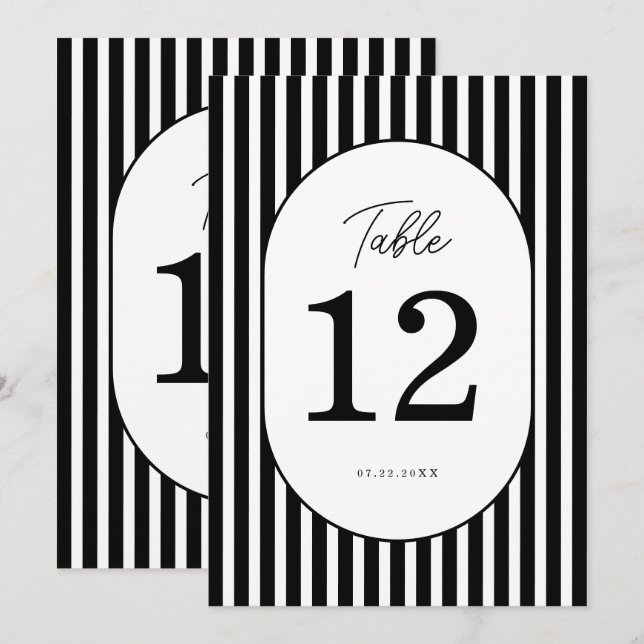 Número de mesa de boda a rayas blancas y negras (Anverso / Reverso)
