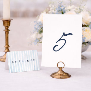 Número de mesa de boda a rayas francesas azul polv