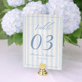 Número de mesa de boda a rayas retro blanco y azul