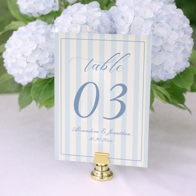 Número de mesa de boda a rayas retro blanco y azul (Subido por el creador)