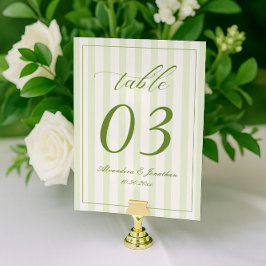 Número de mesa de boda a rayas retro blanco y verd