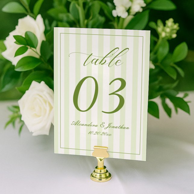 Número de mesa de boda a rayas retro blanco y verd (Subido por el creador)
