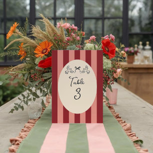 Número de mesa de boda a rayas rojas y rosadas cap