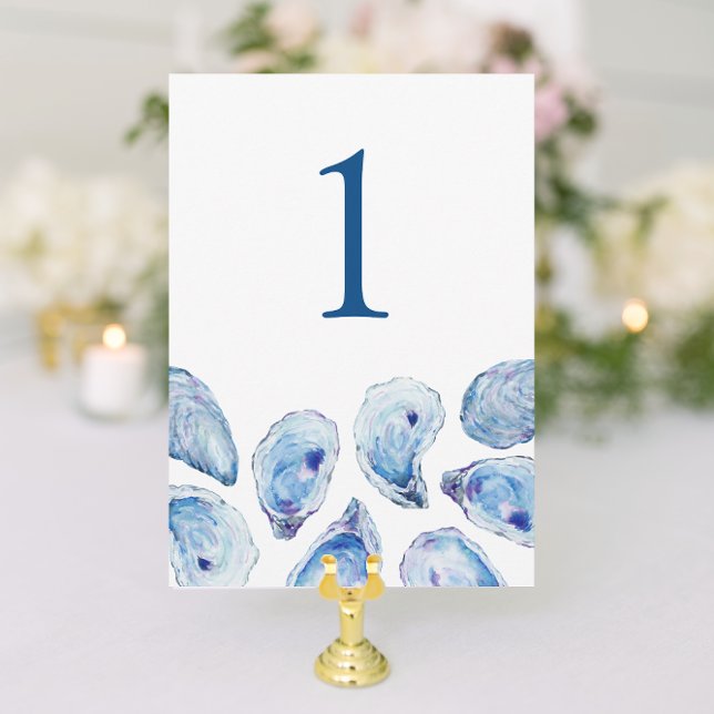 Número de mesa de boda acuarela de ostra azul (Oyster Wedding Table Number with elegant blue watercolor illustrations from Concertina Press)