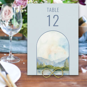 Número de mesa de boda acuarela del lago de montañ