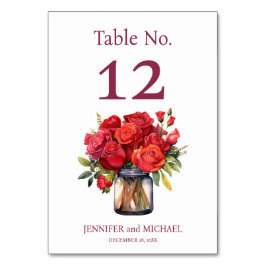 Número de Mesa de Boda Acuarela Rosas Rojas