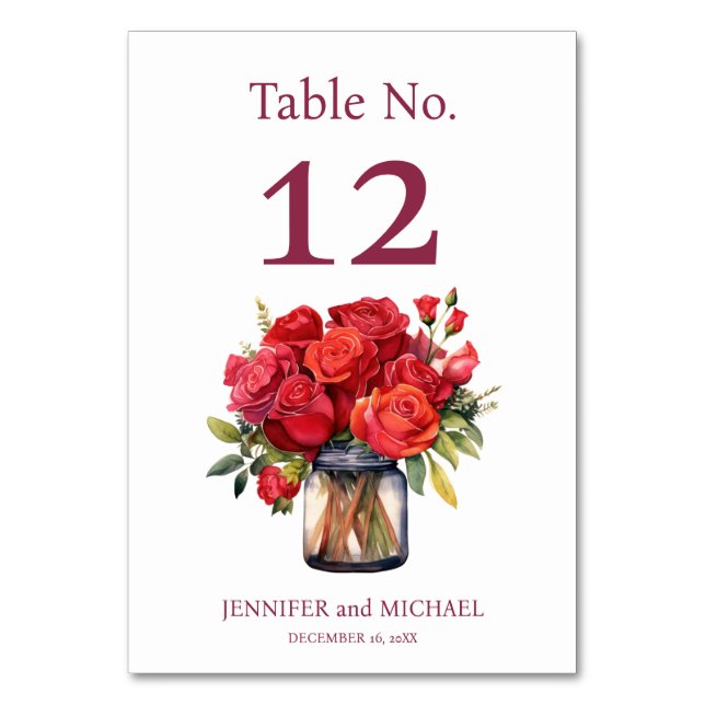 Número de Mesa de Boda Acuarela Rosas Rojas (Anverso)