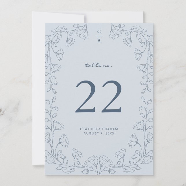 Número de mesa de boda azul floral (Anverso)