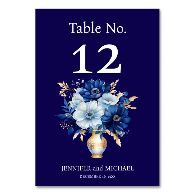 Número de mesa de boda azul marino y dorado (Anverso)