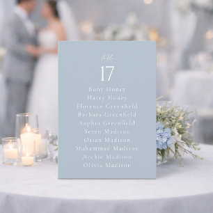 Número de mesa de boda azul polvoriento con lista 