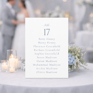 Número de mesa de boda azul polvoriento con lista