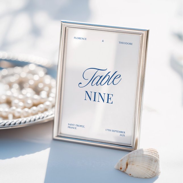 Número de Mesa de Boda Azul y Blanco Moderno Elega (Modern Elegant Blue & White Wedding Table Number)