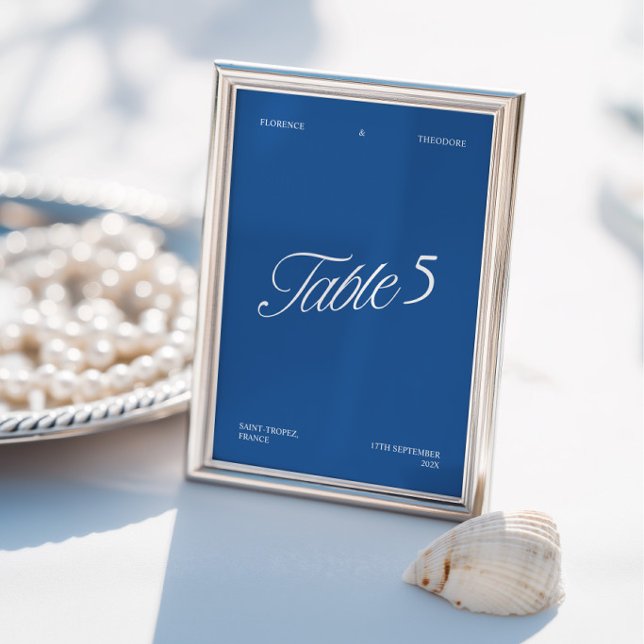 Número de Mesa de Boda Azul y Blanco Moderno Elega (Modern Elegant Blue & White Wedding Table Number)
