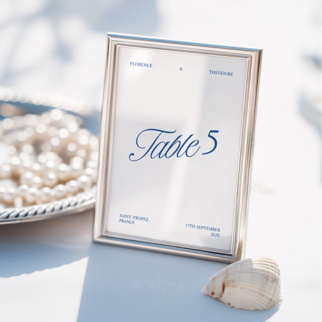 Número de Mesa de Boda Azul y Blanco Moderno Elega (Modern Elegant Blue & White Wedding Table Number)