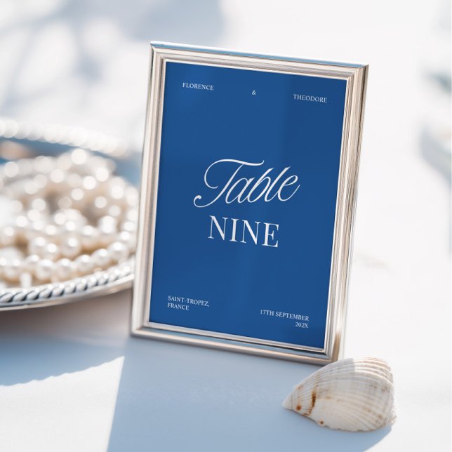 Número de Mesa de Boda Azul y Blanco Moderno Elega (Modern Elegant Blue & White Wedding Table Number)