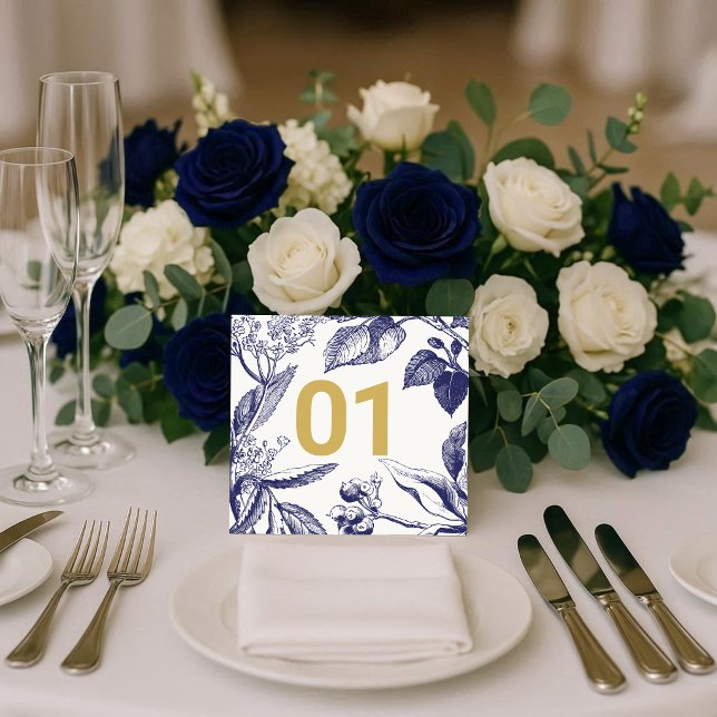 Número de mesa de boda azul y dorado botánico (Subido por el creador)