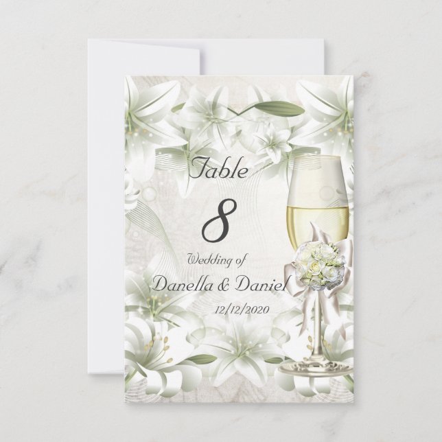 Número de mesa de boda beige verde floral blanco (Anverso)