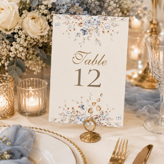 Número de mesa de boda botánico azul polvoriento