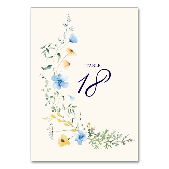 Número de mesa de boda botánico azul y amarillo (Anverso)