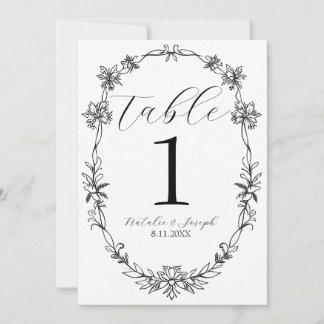 Número de mesa de boda botánico en blanco y negro