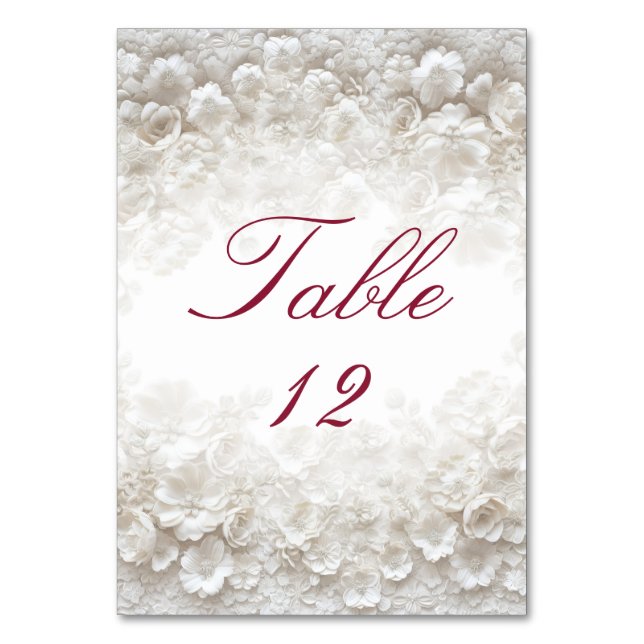 Número de Mesa de Boda Burgundy Floral Blanco 3D (Anverso)