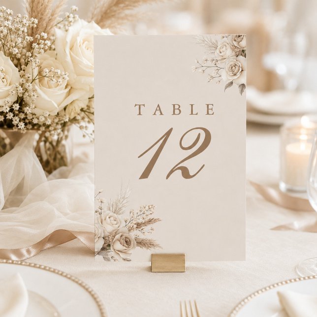 Número de mesa de boda Champagne Beige Rosas de Ma (Ivory Roses Champagne Beige Wedding Table Number)