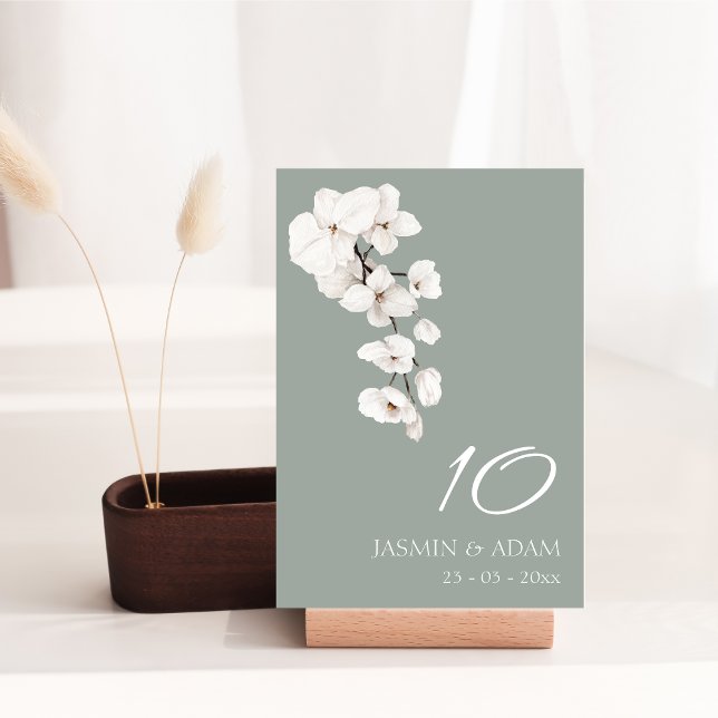 Número de mesa de boda Chic Sage Green White Orchi (Modern Sage Green White Orchids Wedding Table Number)