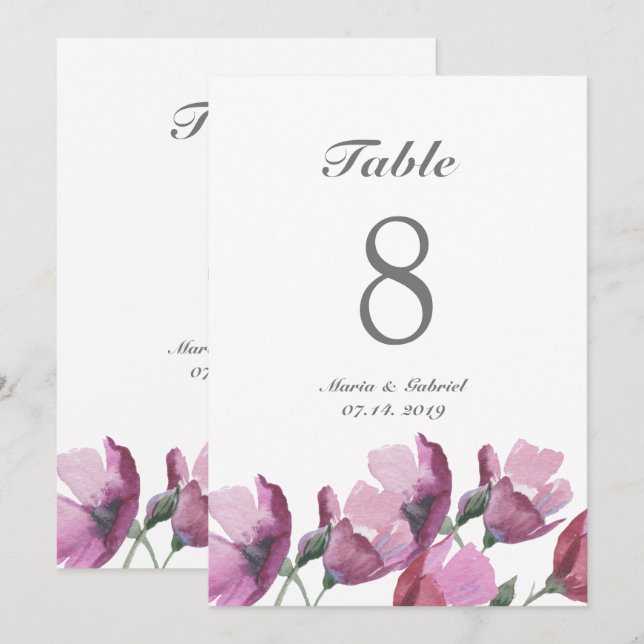Número de mesa de boda con acuarela rosa y púrpura (Anverso / Reverso)