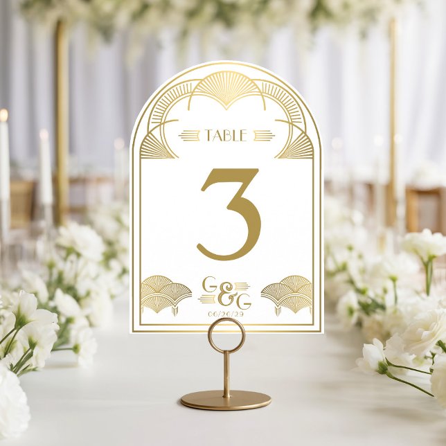 Número de mesa de boda con arco de oro Art Deco vi (Elegant gold printed vintage Art Deco retro monogram arch shape wedding reception table Number card)