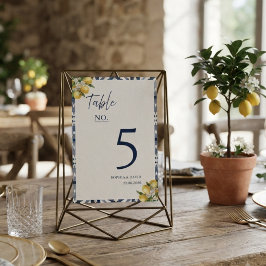 Número de mesa de boda con azulejo azul y limón me