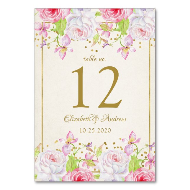 Número de mesa de boda con confeti de rosas y oro (Anverso)