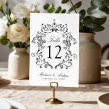 Número de mesa de boda con cresta negra elegante