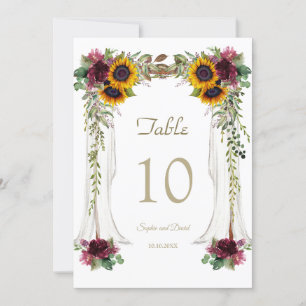 Número de mesa de boda con dosel de girasoles de B