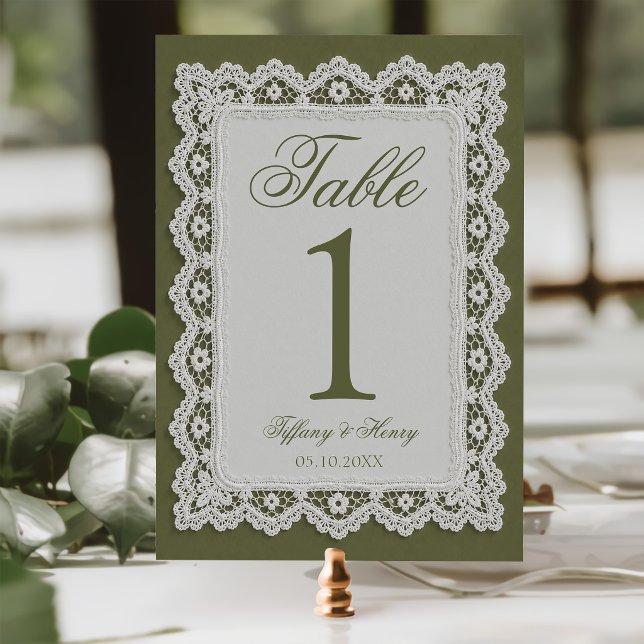 Número de mesa de boda con encaje verde oliva (Subido por el creador)
