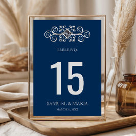 Número de mesa de boda con floritura plateada azul