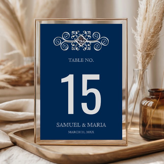 Número de mesa de boda con floritura plateada azul (Subido por el creador)
