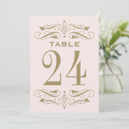 Número de mesa de boda con florituras de oro rosa