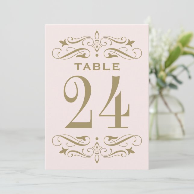 Número de mesa de boda con florituras de oro rosa  (Anverso de pie)