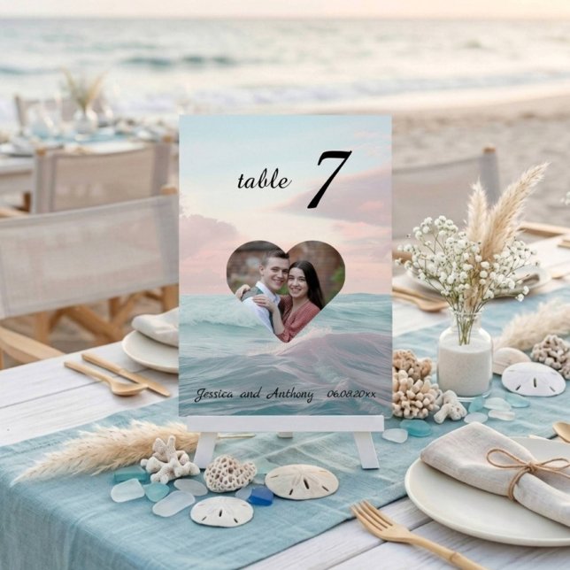 Número de Mesa de Boda con Foto de Playa Único y E (Subido por el creador)