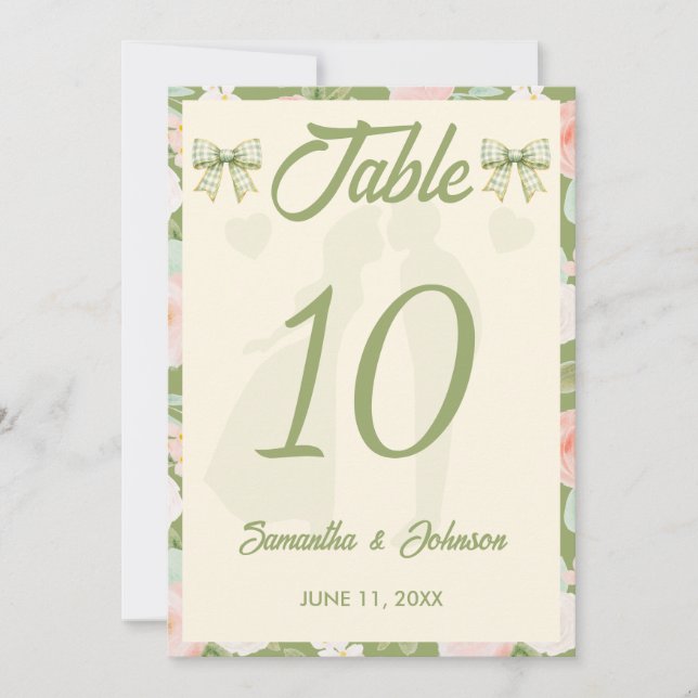 Número de mesa de boda con lazo de gingham verde d (Anverso)