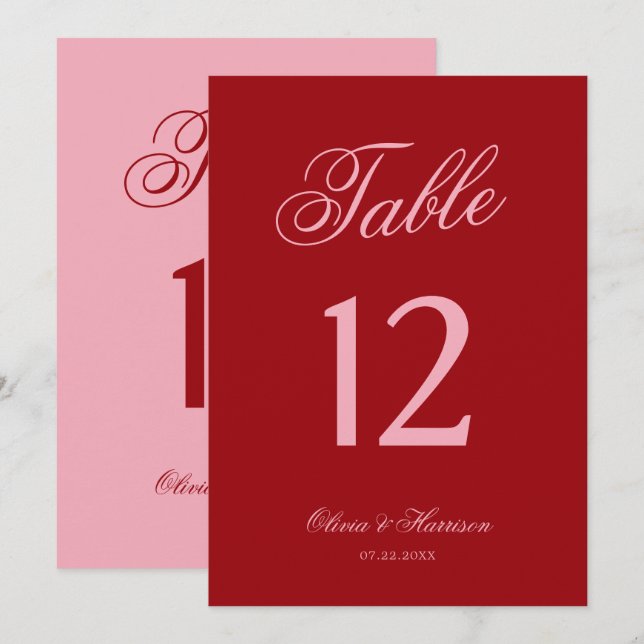Número de mesa de boda con letra roja rosa negrita (Anverso / Reverso)