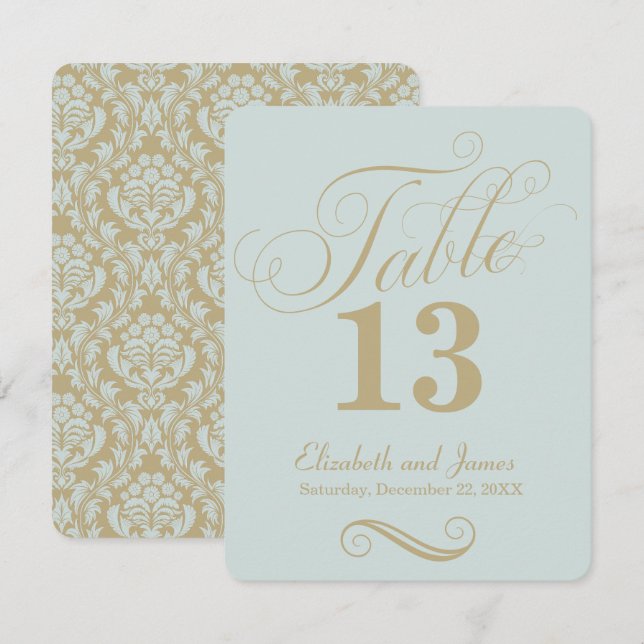 Número de mesa de boda con letra script oro azul m (Anverso / Reverso)