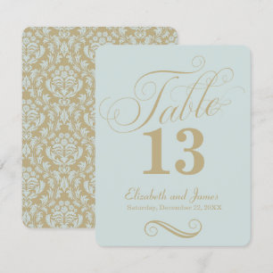 Número de mesa de boda con letra script oro azul m